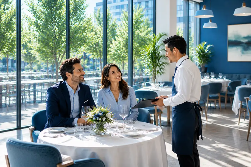 Empregado servindo à mesa de restaurante